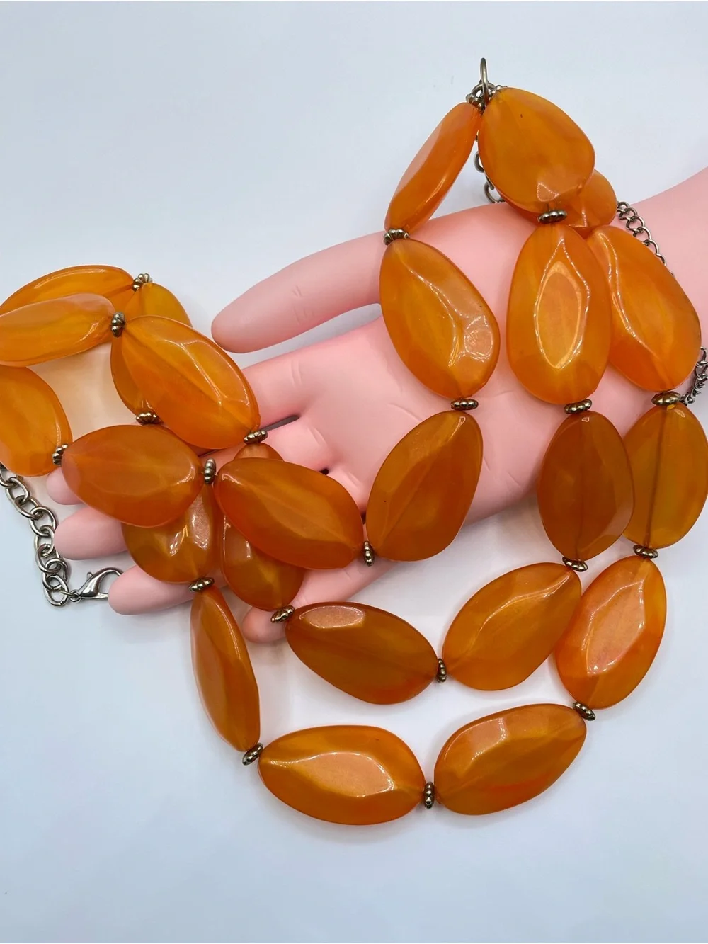 Vintage Orange Lucite Layered Necklace Earring Set Statement Bold